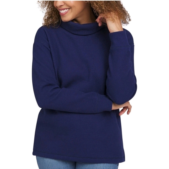 Lands End Women's Long Sleeve Waffle Funnel Neck Top Tshirt Dark Blue Size Small - Picture 1 of 9